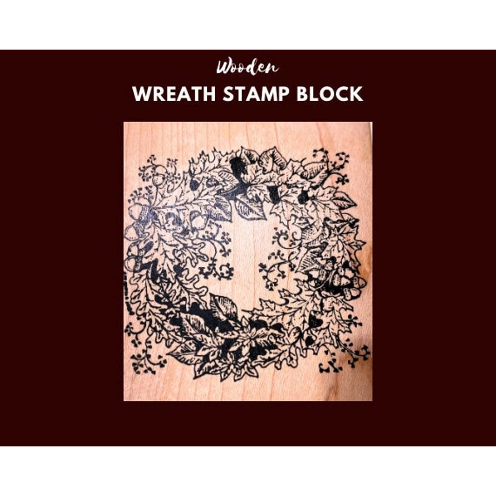Wood Red Rubber Stamp Block Floral Wreath Stampers Gift Seasonal Holiday Cards